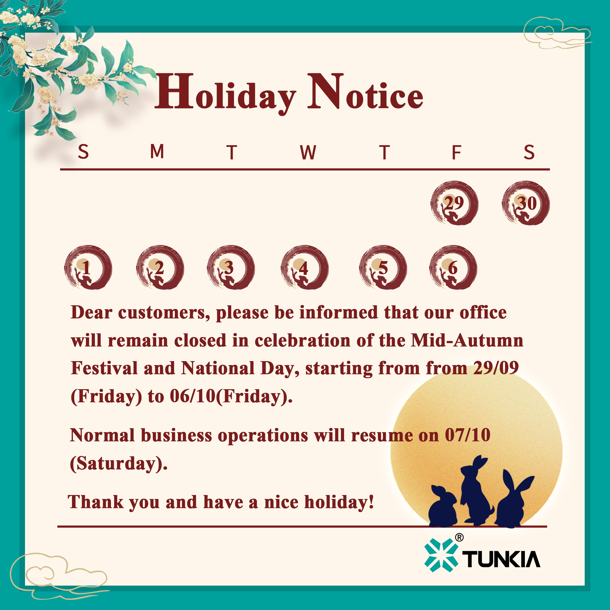Holiday notice: Mid-autumn festival & National Day