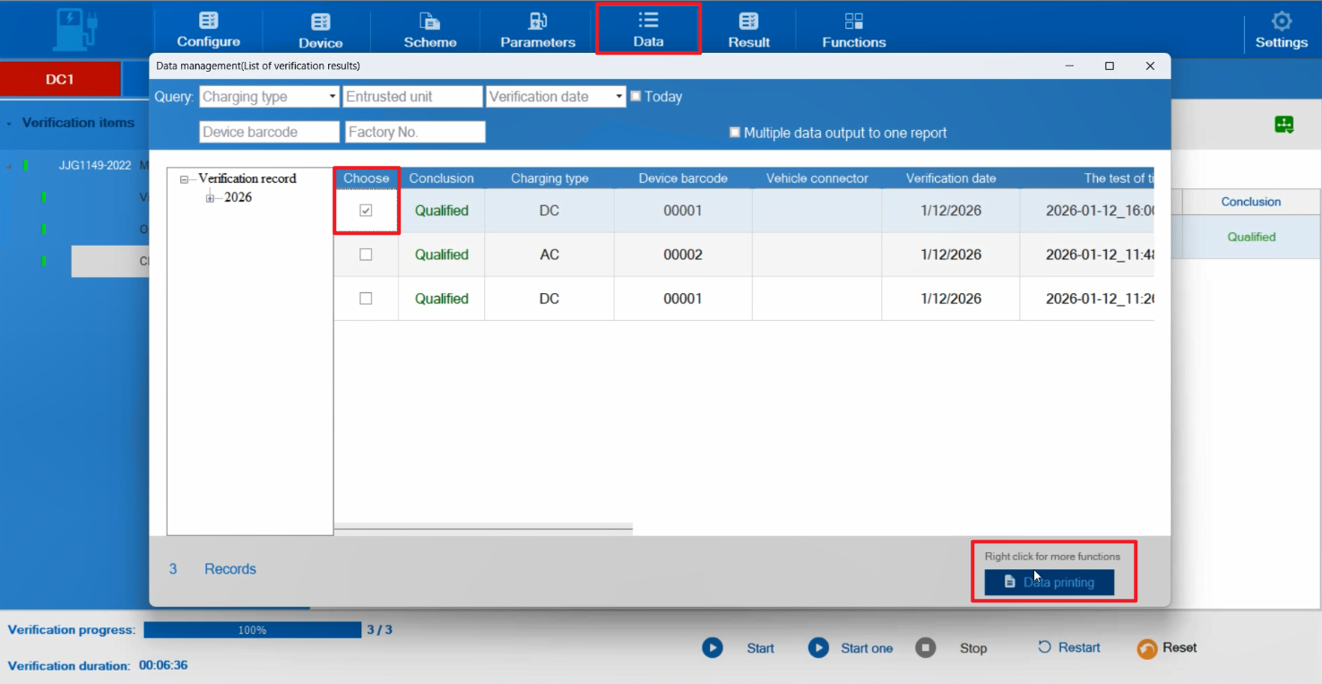 TK4830 Portable Tester for AC&DC EV Chargers software interface